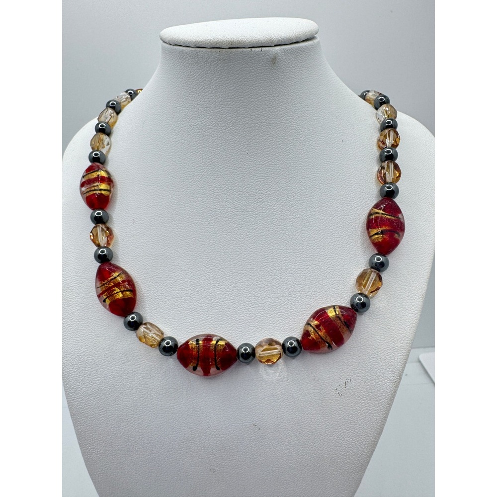 Red Gold Foil Glass Bead Hematite Amber Crystal Toggle Necklace Murano Venetian